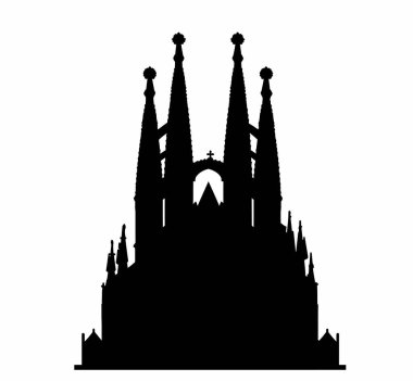 Sagrada fama silueti. Bu resim Sagrada Familia 'nın siluetini gösteriyor, İspanya' nın Barcelona şehrinde eşsiz mimarisi ile tanınan Antoni Gaudi tarafından tasarlanmış ikonik bir katedral. Clipart illüstrasyon tasarımı.