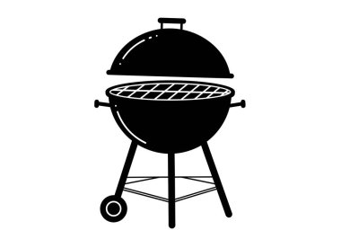 Barbekü silueti. Bu resim, kapağı, ızgarası ve tekerlekleri olan, kettle tarzı ızgaranın siyah-beyaz bir klişe çizimini gösteriyor. Clipart illüstrasyon tasarımı.