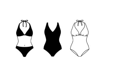 Mayo siluetleri. Bu resimde sahili ve mayo modasını temsil eden bikiniler ve tankiniler de dahil olmak üzere çeşitli mayo siluetleri sergilenmektedir. Clipart illüstrasyon tasarımı.