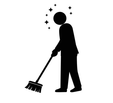 Silüeti temizliyorum. Bu resim, süpürge, süpürge, süpürge, kova ve sprey şişesi de dahil olmak üzere temizlik aletleri ve malzemelerinden oluşan siyah bir siluet tasvir ediyor. Clipart illüstrasyon tasarımı.
