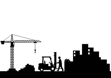 İnşaat silueti. Bu resim, siyah noktaların, çizgilerin, eğrilerin ve beyaz arkaplanda şekillerin rastgele düzenlendiği soyut bir dizayndır. Clipart illüstrasyon tasarımı.