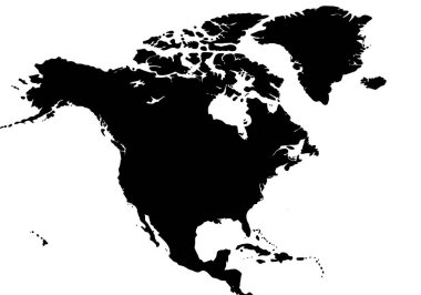 Kuzey Amerika silueti. Bu resim, kıtanın ve ülkelerinin ana hatlarını belirten siyah bir Kuzey Amerika haritası siluetini gösteriyor. Clipart illüstrasyon tasarımı.