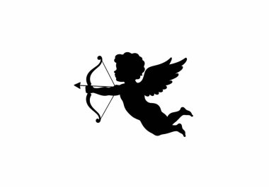 Aşk tanrısı silueti. Bu resim, aşkı simgeleyen ok ve yay tutan mitolojideki kanatlı melek Eros 'un siyah ve beyaz tasarımını gösteriyor. Clipart illüstrasyon tasarımı.