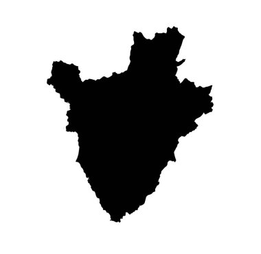 Burundi silueti. Bu resim, Burundi haritasının coğrafi şeklini ve sınırlarını vurgulayan siyah siluetini gösteriyor. Clipart illüstrasyon tasarımı.