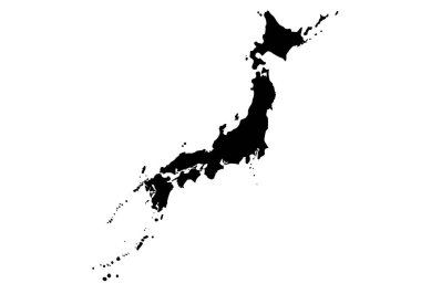 Japon silueti. Bu resim, Japonya haritasının coğrafi şeklini ve sınırlarını vurgulayan siyah siluetini gösteriyor. Clipart illüstrasyon tasarımı.