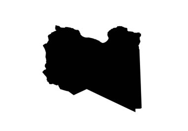 Libya silueti. Bu resim, Libya haritasının coğrafi şeklini ve sınırlarını vurgulayan siyah siluetini gösteriyor. Clipart illüstrasyon tasarımı.