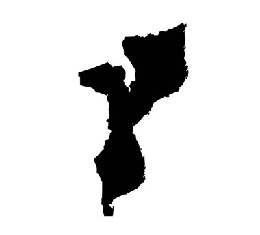Mozambik silueti. Bu resim, Mozambik haritasının coğrafi şeklini ve sınırlarını vurgulayan siyah siluetini gösterir. Clipart illüstrasyon tasarımı.