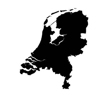 Hollanda silueti. Bu resim Hollanda haritasının coğrafi şeklini ve sınırlarını vurgulayan siyah siluetini gösteriyor. Clipart illüstrasyon tasarımı.