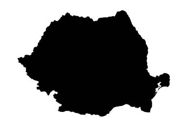 Romanya silueti. Bu resim, Romanya haritasının ülke coğrafi şekli ve sınırlarıyla birlikte siyah siluetini gösteriyor. Clipart illüstrasyon tasarımı.