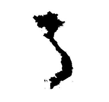 Vietnam silueti. Bu resim, ülkenin coğrafi şekli ve sınırlarıyla Vietnam haritasının siyah siluetini gösteriyor. Clipart illüstrasyon tasarımı.