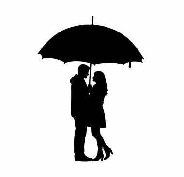 Şemsiye altında bir çift. Bu resimde, yağmurdan korunmak için sevgi, birlik ve korunmayı vurgulayan, şemsiye altında duran romantik bir çift görülüyor. Clipart illüstrasyon tasarımı.