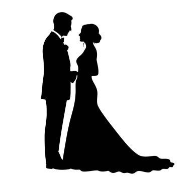 Bir çift düğün silueti. Bu resim, bir gelin ve damadın zarif bir düğün elbisesi içinde, aşkı ve bağlılığı sembolize eden bir araya gelişini gösteriyor. Clipart illüstrasyon tasarımı.