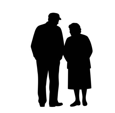 Yaşlı çift silueti. Bu resim, bir arada duran yaşlı bir çiftin siyah siluetini gösteriyor. Aşkı, arkadaşlığı ve hayat boyu bağlantıyı sembolize ediyor. Clipart illüstrasyon tasarımı.