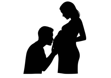 Hamile çift silueti. Bu resim hamile bir kadının karnını öpen bir adamı gösteriyor. Sevgiyi, beklentiyi ve anne-baba arasındaki bağı simgeliyor. Clipart illüstrasyon tasarımı.