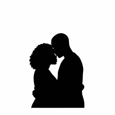 Siyah çift silueti. Bu resim siyah bir çiftin siluetini gösteriyor. Birbirlerine sarılıp, sevgiyi ve bağı sembolize ediyorlar. Clipart illüstrasyon tasarımı.