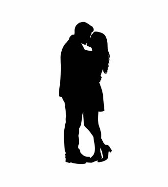 Bir çift öpüşme silueti. Bu resim, aşk ve romantizmi samimi bir kucaklaşmayla tasvir eden öpüşen bir çiftin siyah siluetini gösteriyor. Clipart illüstrasyon tasarımı.