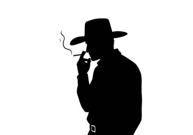 Kovboy tüttürüyor. Bu görüntü, güneşi andıran sivri ve sivri ışınlarla çevrili bir kovboyun siyah siluetini gösteriyor. Clipart illüstrasyon tasarımı.