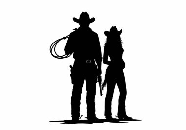 Kovboy ve kovboy kız silueti. Bu görüntü bir kovboy ve kovboy kızın batı temalı siyah siluetini gösteriyor. Clipart illüstrasyon tasarımı.