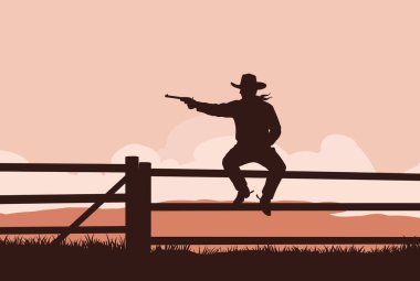 Çit siluetinde kovboy. Bu resim, klasik bir batı sahnesini tasvir eden, çitin üzerinde siluet şeklinde oturan bir kovboyu gösteriyor. Clipart illüstrasyon tasarımı.