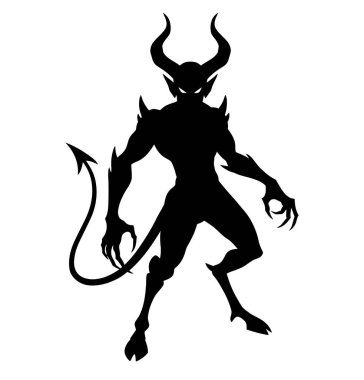 İblis silueti. Bu görüntü, tüyler ürpertici ve gizemli doğasını vurgulayan kürek çeken bir iblis figürünün siyah siluetini gösteriyor. Clipart illüstrasyon tasarımı.