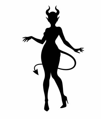 Dişi şeytan silueti. Bu görüntü, tüyler ürpertici ve efsanevi varlığını vurgulayarak kürek çeken dişi bir şeytanın siluetini gösteriyor. Clipart illüstrasyon tasarımı.