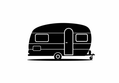 Karavan silueti. Bu resim, genellikle nakliye, kamp ve seyahat maceralarında kullanılan, düzgün şekilli siyah bir karavan silueti sunar. Clipart illüstrasyon tasarımı.