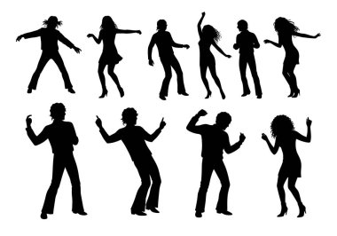 Disko partisi siluetleri. Bu görüntü, gece hayatı ortamında heyecan, müzik ve coşkulu kutlamaları sembolize eden dans figürlerinin canlı bir sahnesini yakalar. Clipart illüstrasyon tasarımı.