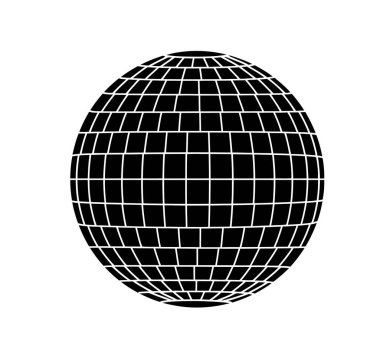 Disko topu silueti. Bu resim klasik bir disko topunun cesur bir taslağını sergiliyor. Dans, kutlama ve ışıltılı yansımalarla retro parti havasını sembolize ediyor. Clipart illüstrasyon tasarımı.