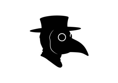 Veba doktoru maskesinin silueti. Bu görüntü veba doktoru maskesi takan birinin siyah-beyaz tasarımını gösteriyor. Gaga benzeri bir maskesi olan tarihi bir tıbbi kostüm. Clipart illüstrasyon tasarımı.