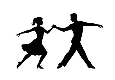 Swing dansı silueti. Bu resim, salıncak dansının dinamik bir tasvirini sergiliyor, akışkan hareketi ve enerjik ifadeyi zarif bir duruşta yakalıyor. Clipart illüstrasyon tasarımı.