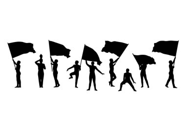 Renkli güvenlik bayrağı silueti. Görüntü, ellerinde bayraklar tutan ve sallayan siyah siluetleri gösteriyor. Renkli muhafızların performansını gösteriyor. Clipart illüstrasyon tasarımı.