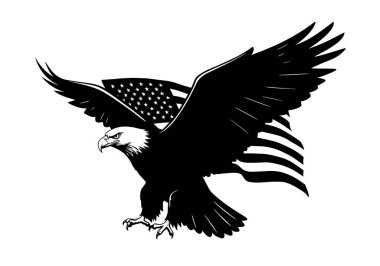Kartal bayrağı silueti. Görüntü, Amerikan gururunu ve özgürlüğünü simgeleyen Amerikan bayrağının üzerine yerleştirilmiş bir kartalın siyah siluetini gösteriyor. Clipart illüstrasyon tasarımı.