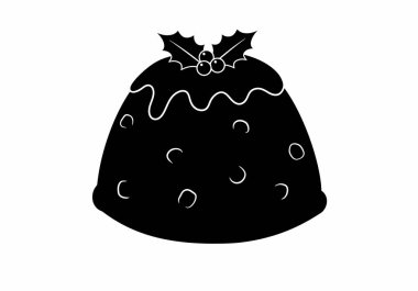 Noel pudingi silueti. Görüntü, Noel pudinginin siyah bir siluetini gösteriyor. Genellikle Holly ile süslenmiş geleneksel bir bayram tatlısı. Clipart illüstrasyon tasarımı.