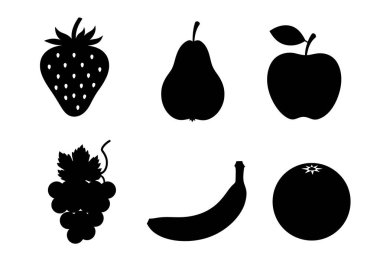 Meyve silueti. Bu resim, çeşitli meyve türlerini temsil eden bir çilek, armut, elma, üzüm, muz ve portakalın siyah siluetlerini gösteriyor. Clipart illüstrasyon tasarımı.