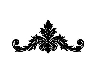 Süs silueti. Görüntü süslemeli, çiçekli, kıvrımlı ve yaprak gibi dekoratif elementlerle süslenmiş siyah bir siluet gösteriyor. Clipart illüstrasyon tasarımı.