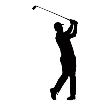 Golf silueti. Görüntü, topa vurmaya hazır bir golfçünün golf sopasını sallayışını gösteriyor. Clipart illüstrasyon tasarımı.