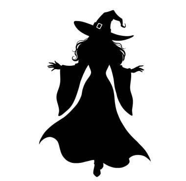 Güzel cadı silueti. Bu görüntü, mistik bir cadıyı temsil eden sivri uçlu şapkalı ve dalgalı elbiseli güzel bir cadının siluetini gösteriyor. Clipart illüstrasyon tasarımı.