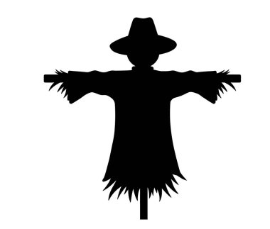 Korkuluk silueti. Bu resim, geniş kollu, şapkalı ve kuşları korkutmak için kullanılan siyah bir korkuluk siluetini gösteriyor. Clipart illüstrasyon tasarımı.