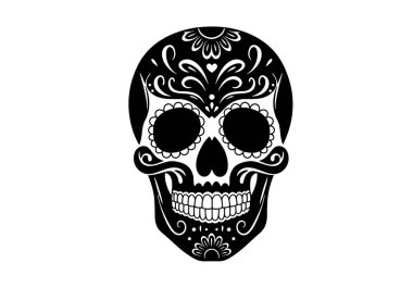 Şeker kafatası silueti. Bu görüntü, içinde çiçek ve dekoratif desenler bulunan, Calavera olarak da bilinen bir şeker kafatası siluetini gösteriyor. Clipart illüstrasyon tasarımı.