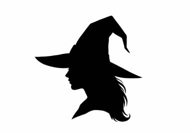 Cadı kafası silueti. Bu görüntü, cadılar bayramı ve mistik temalarla ilişkilendirilmiş sivri bir şapka takan bir cadının siyah siluetini gösteriyor. Clipart illüstrasyon tasarımı.