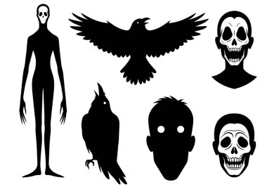 Ürkütücü siluetler. Bu resim, kafatasları, kuşlar ve bir insan figürü gibi ürkütücü ve uğursuz bir etki yaratan çeşitli siluetleri gösteriyor. Clipart illüstrasyon tasarımı.