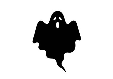 Hayalet silueti. Bu görüntü, beyaz gözlü ve ağzı olan, ürkütücü bir cadılar bayramı ruhunu ya da hayaletini andıran siyah bir hayalet siluetini gösteriyor. Clipart illüstrasyon tasarımı.
