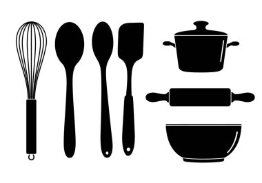 Mutfak aletleri silueti. Bu resim bir çırpı, kaşık, spatula, kap, merdane ve kase siyah siluetlerini gösteriyor, pişirme ve pişirme için gerekli. Clipart illüstrasyon tasarımı.