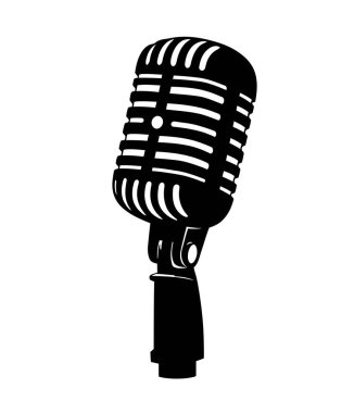 Podcast mikrofon silueti. Bu görüntü, ses ve yayını temsil eden detaylı bir siyah-beyaz illüstrasyonda podcast mikrofon olarak da bilinen klasik bir mikrofonu gösteriyor. Clipart illüstrasyon tasarımı.