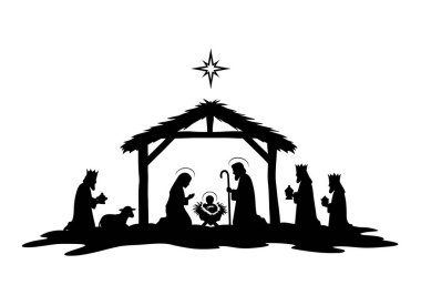 Noel silueti İsa 'nın doğumu. Bu resim, Meryem, Yusuf, bebek İsa, çoban, üç bilge adam ve yukarıda bir yıldız olan ahırın altında bir kuzunun bulunduğu bir doğum sahnesini gösteriyor. Clipart illüstrasyon tasarımı.
