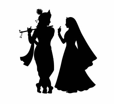 Radha Krishna silueti. Bu resim, Radha ve Krishna 'yı sanatsal ve zarif bir şekilde resmeden, ilahi aşkın ve bağlılığın sembolik bir tasvirini tasvir eder. Clipart illüstrasyon tasarımı.