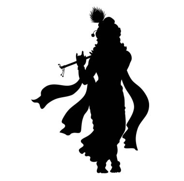 Tanrı Krishna 'nın silueti. Bu resim, Tanrı Krishna 'nın cesur bir taslağını, kutsal bir tasvirde sadakati, inancı ve ruhani aydınlanmayı sembolize ediyor. Clipart illüstrasyon tasarımı.