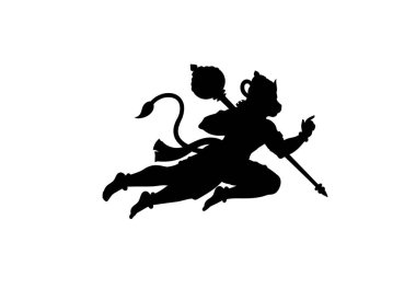 Lord Hanuman silueti. Bu resim, Tanrı Hanuman 'ın simgesel bir tasvirini tasvir eder. Karanlık bir ana hatla, bağlılığı, gücü ve ruhani rehberliği somutlaştırır. Clipart illüstrasyon tasarımı.