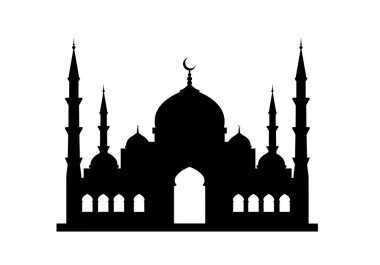 Cami silueti. Bu resim, uzun minareleri ve merkezi kubbesi olan, İslami mimariyi ve ruhaniliği simgeleyen büyük bir caminin siyah ana hatlarını gösteriyor. Clipart illüstrasyon tasarımı.