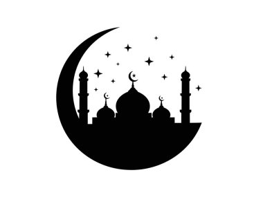 Ramazan silueti. Bu resim, Ramazan ve İslam kültürünü sembolize eden yıldızlarla çevrili hilal ayının içinde minareler bulunan bir camiyi gösteriyor. Clipart illüstrasyon tasarımı.